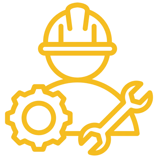 Yellow outline icon of a person wearing a hard hat, holding a gear and wrench, representing professional window cleaning or technical work such as engineering.