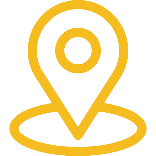 Yellow map pin icon with a circle at the center, above an oval outline, symbolizing a location for professional window cleaning services, on a transparent background.