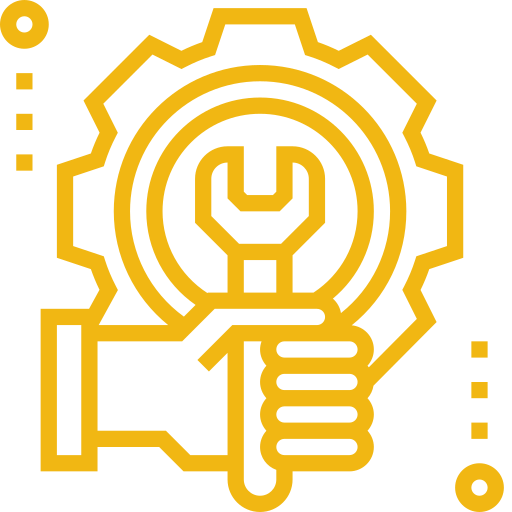 Yellow line drawing of a hand holding a wrench inside a gear, symbolizing tools, maintenance, or technical support—perfect for representing home window cleaning services—on a black background.