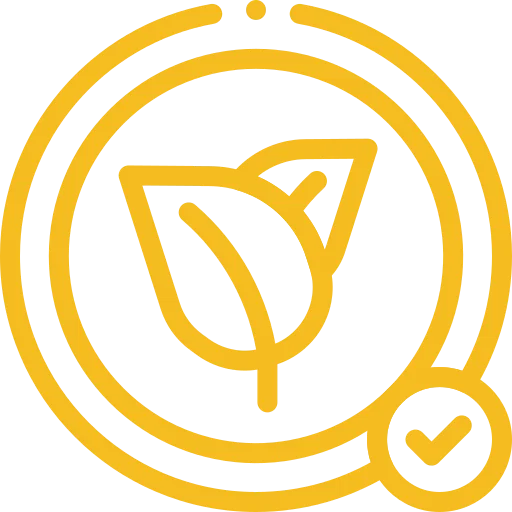 Yellow outline of a leaf inside a circle with a check mark, suggesting an eco-friendly or environmentally approved symbol.