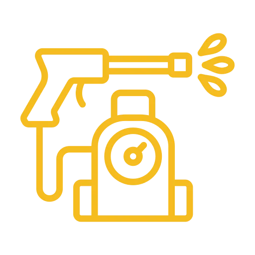 Yellow line drawing of a pressure washer with a spray gun and water coming out, depicted on a light gray background.