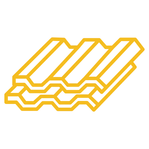 Yellow outline illustration of three stacked roof tiles on a light gray background.