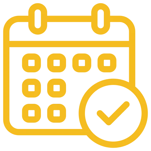 Yellow outlined calendar icon with a large checkmark in a circle in front, indicating a scheduled or confirmed professional window cleaning appointment.