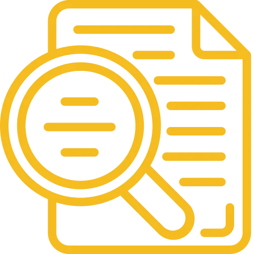 Yellow outline icon of a magnifying glass over a document with horizontal lines, representing search or document review.