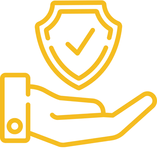 Yellow outline of a hand holding a shield with a check mark, symbolizing protection, security, or insurance.
