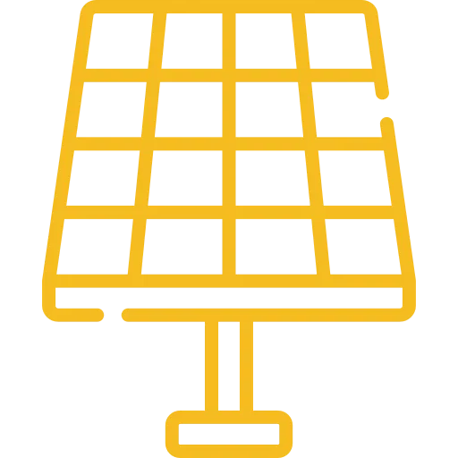 Yellow outline icon of a solar panel mounted on a stand, viewed from the front, against a light gray background.