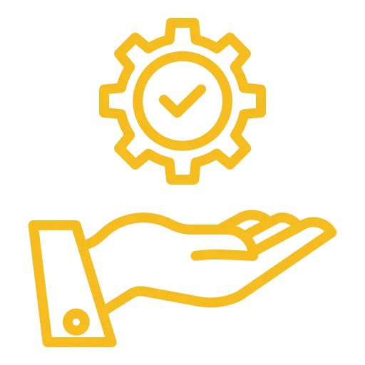A yellow outline of a hand facing upward with a gear and checkmark inside the gear above the hand, on a black background—an ideal icon for dependable house window cleaning or Window Cleaning services.