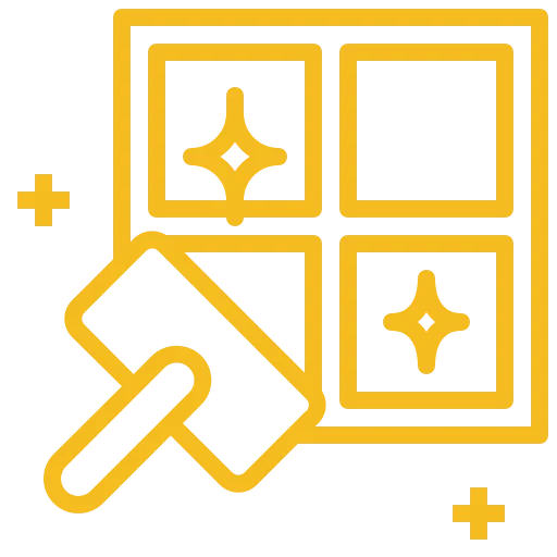 Yellow icon of a squeegee cleaning a window with four sparkles, indicating cleanliness or window cleaning service.